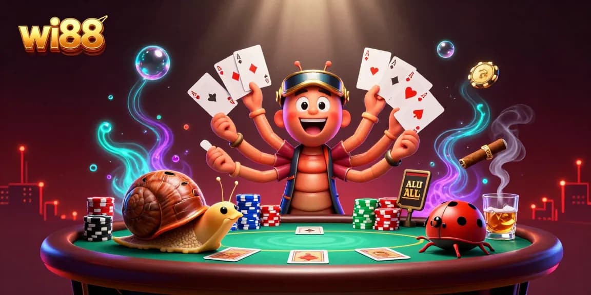 Engage with wi88's thrilling 3D casino scene, featuring a lively dealer and high-roller action.