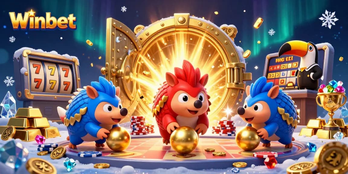 Winbet pangolins rolling golden balls in a vibrant casino setting, capturing the excitement of gaming.