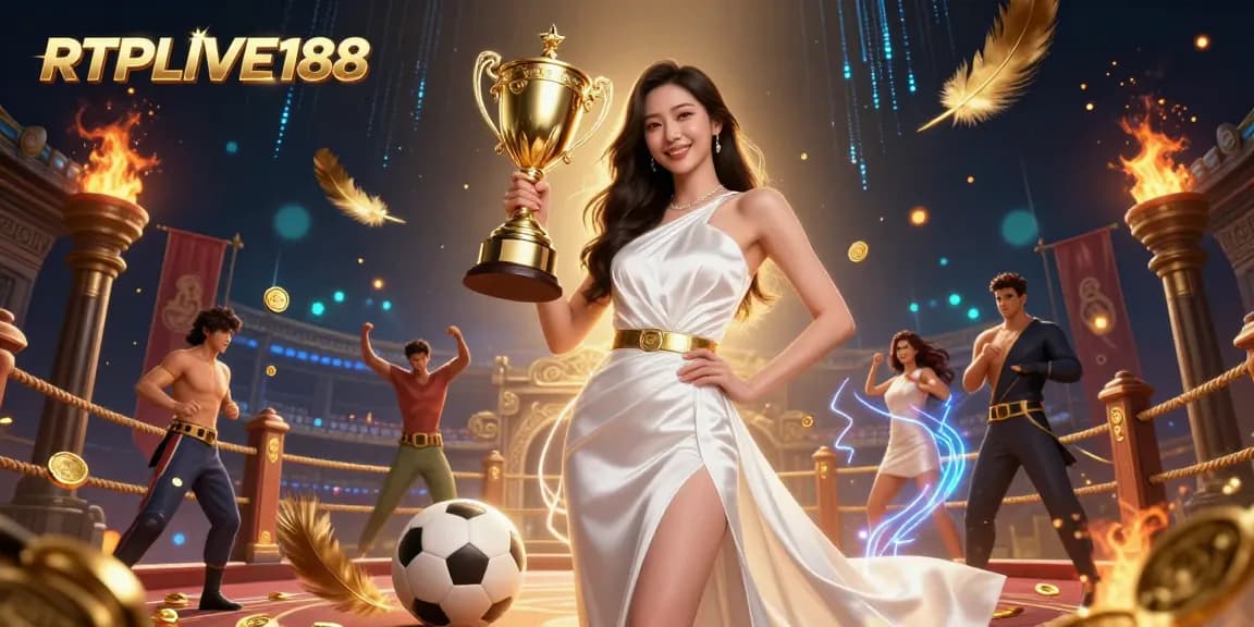 RTPLIVE188 menampilkan seorang wanita Asia yang menang dengan trofi dalam suasana taruhan olahraga yang bersemangat.
