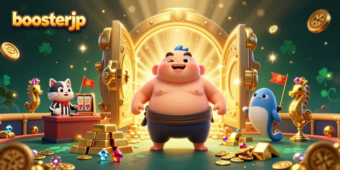 Join the fun with boosterjp at the underwater casino, featuring vibrant characters and slot game elements.