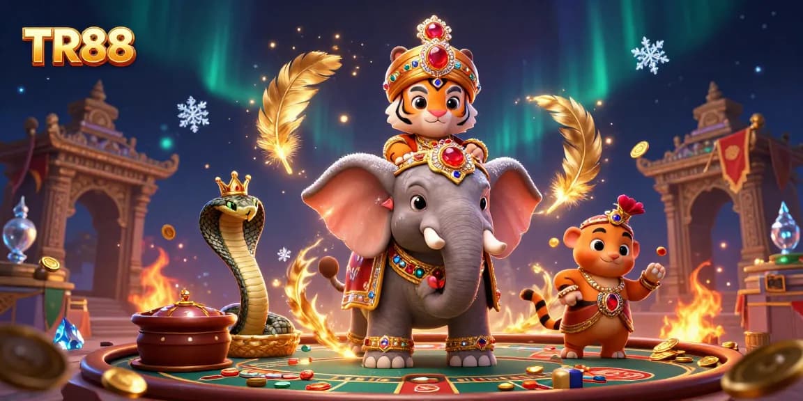 TR88 welcomes players to a world of excitement with a vibrant casino scene featuring a cartoon tiger and elephant.