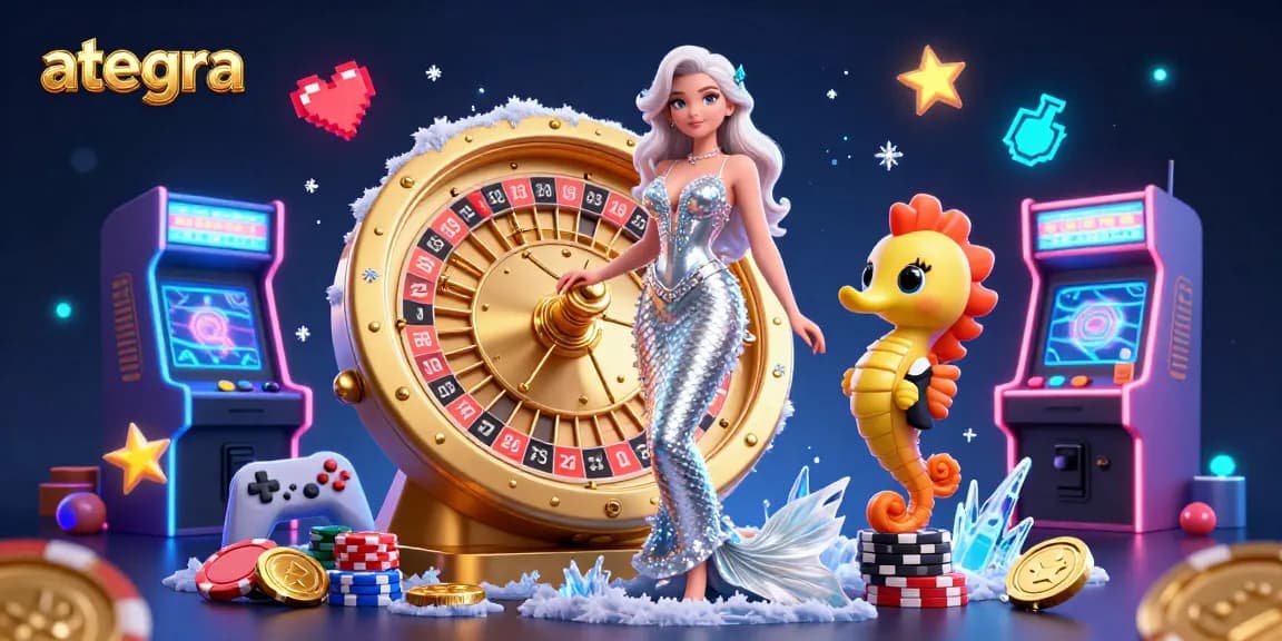 Ategras vibrant casino scene with a stunning mermaid woman and a playful seahorse, showcasing roulette and gaming elements.