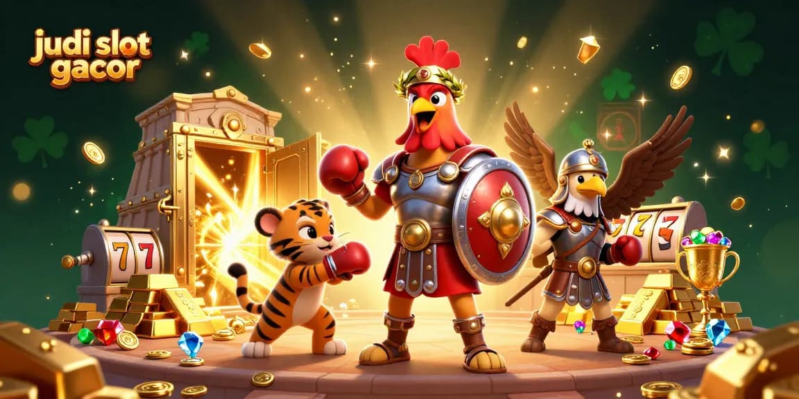 Permainan judi slot gacor yang menarik dengan karakter kartun berani dan elemen kemewahan.