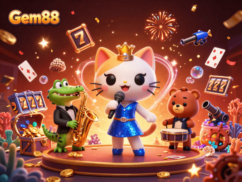 Engage with Gem88 as a jazzy saxophone-playing crocodile and singing cat charm in a vibrant casino scene.