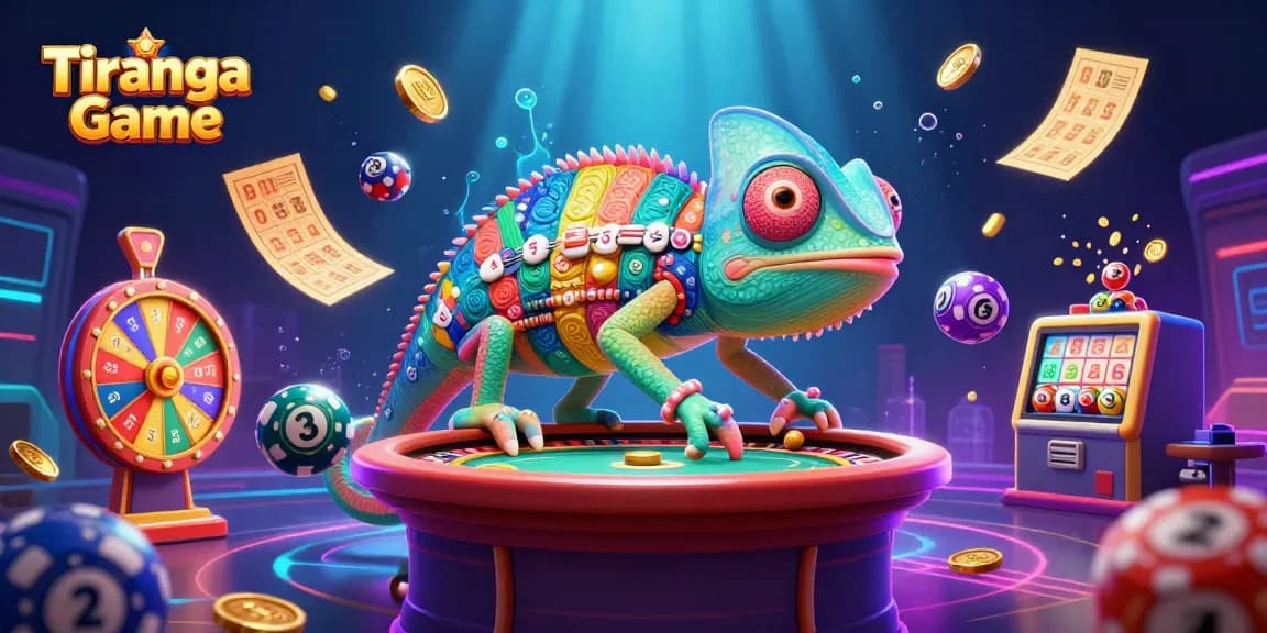 Tiranga Game showcases lively gameplay with a colorful chameleon, lottery balls, and winning prizes.