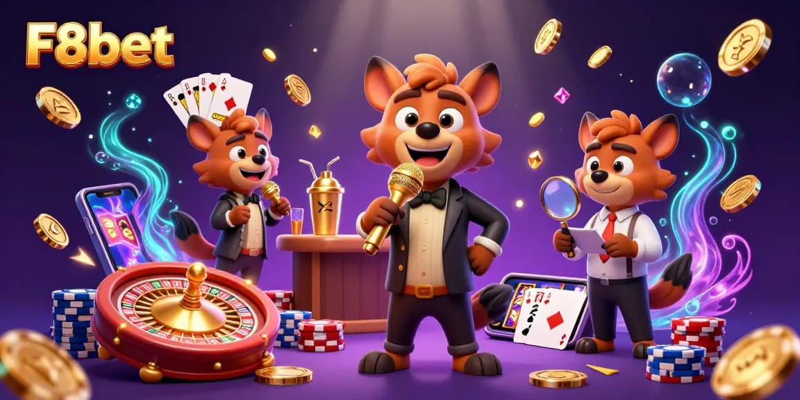 Join F8bet in a lively casino scene with cartoon hyenas mixing drinks and telling jokes amidst golden coins and game elements.