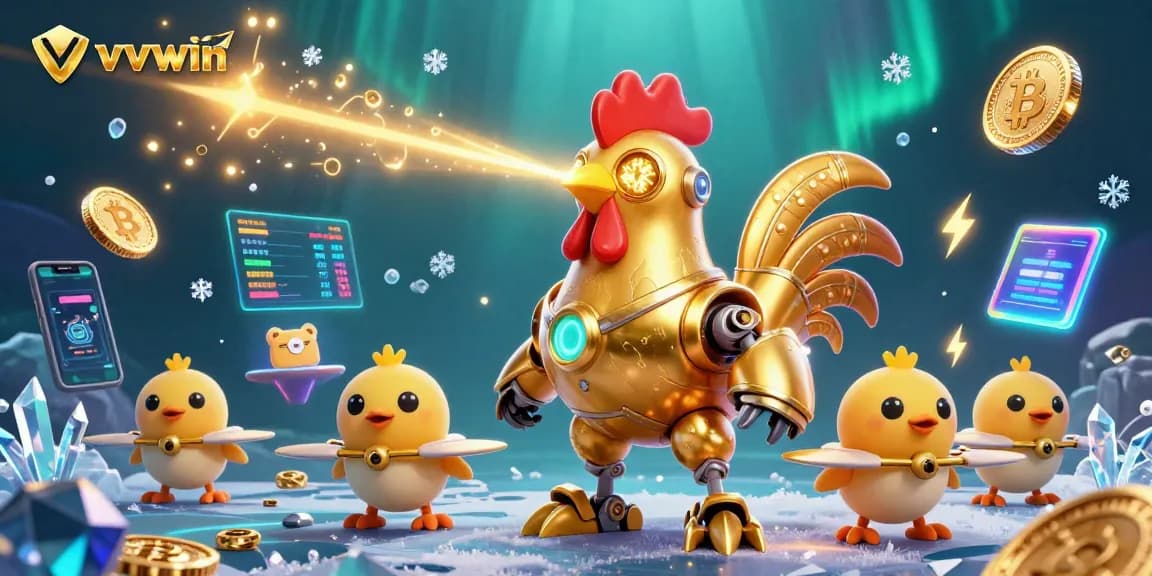 Experience thrilling moments with vvvwin's dynamic gaming visuals featuring a futuristic rooster and crypto excitement.