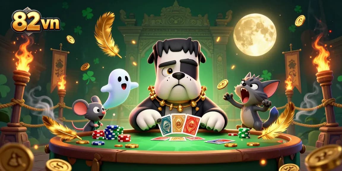 Experience thrilling gaming action at 82 vn with a spooky casino illustration featuring dynamic characters.