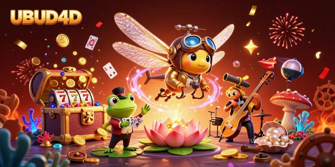 Experience the excitement at UBUD4D with a vibrant casino scene featuring a dragonfly pilot and a frog dealer.