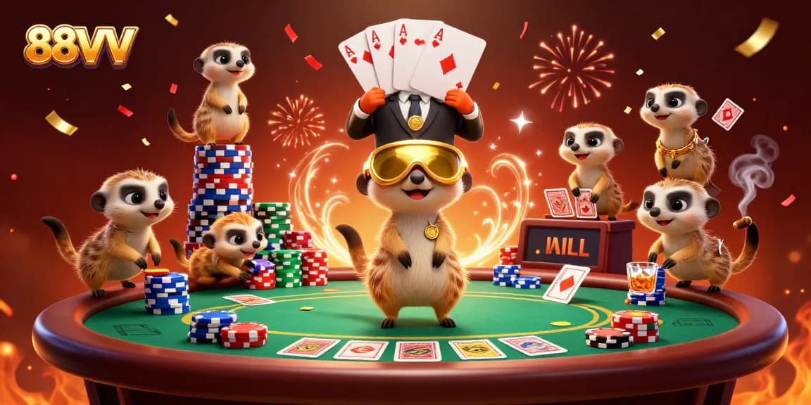Experience the lively 88VV casino with meerkats engaging in poker fun.
