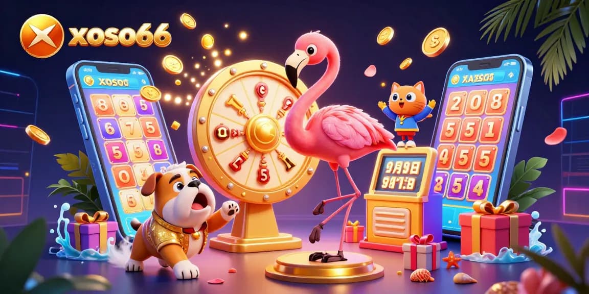 Xoso66 showcases exciting lottery action with spinning reels and a prize wheel in a vibrant scene.