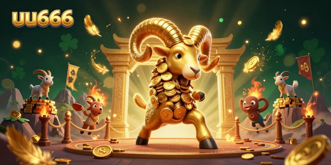 uu666 engages players with a golden ram charging through a casino-themed scene filled with vibrant game elements.