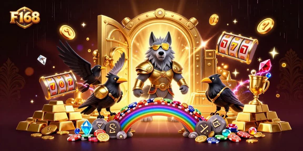 F168 showcases an exciting illustration of a casino scene with characters celebrating winning a jackpot.