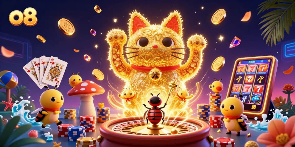 Play the exciting slot games at o8 while enjoying vibrant casino visuals and dynamic lucky symbols.