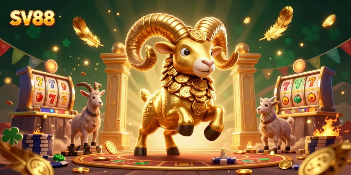 SV88 casino illustration featuring a golden ram charged at a jackpot while surrounded by coins and gaming elements.