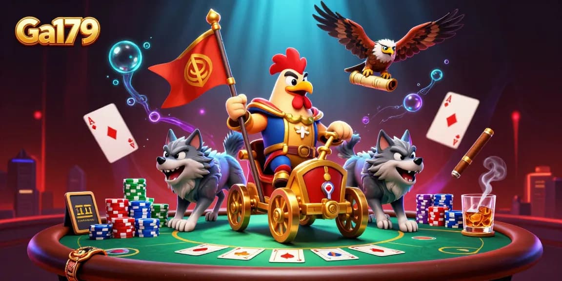 Experience thrilling action at Ga179 with a cartoon rooster warlord leading the charge in a dynamic casino scene.