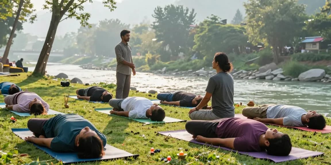 Best yoga teacher training in Rishikesh India, students practicing yoga poses in serene Himalayan surroundings.