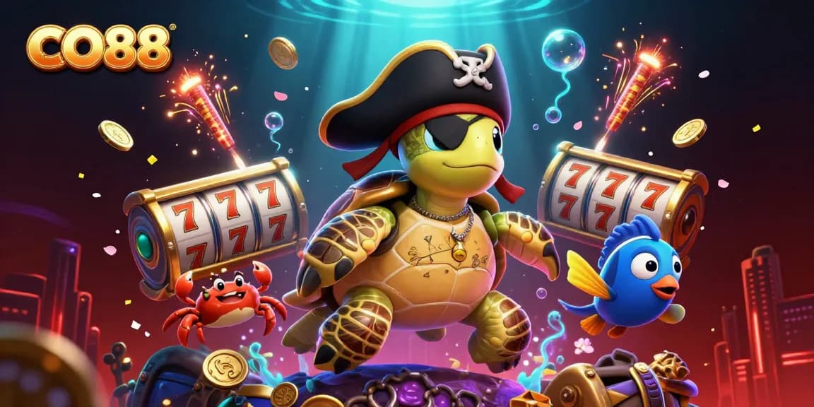 Experience thrilling adventures with CO88 as the pirate turtle discovers casino treasures and lucky symbols.