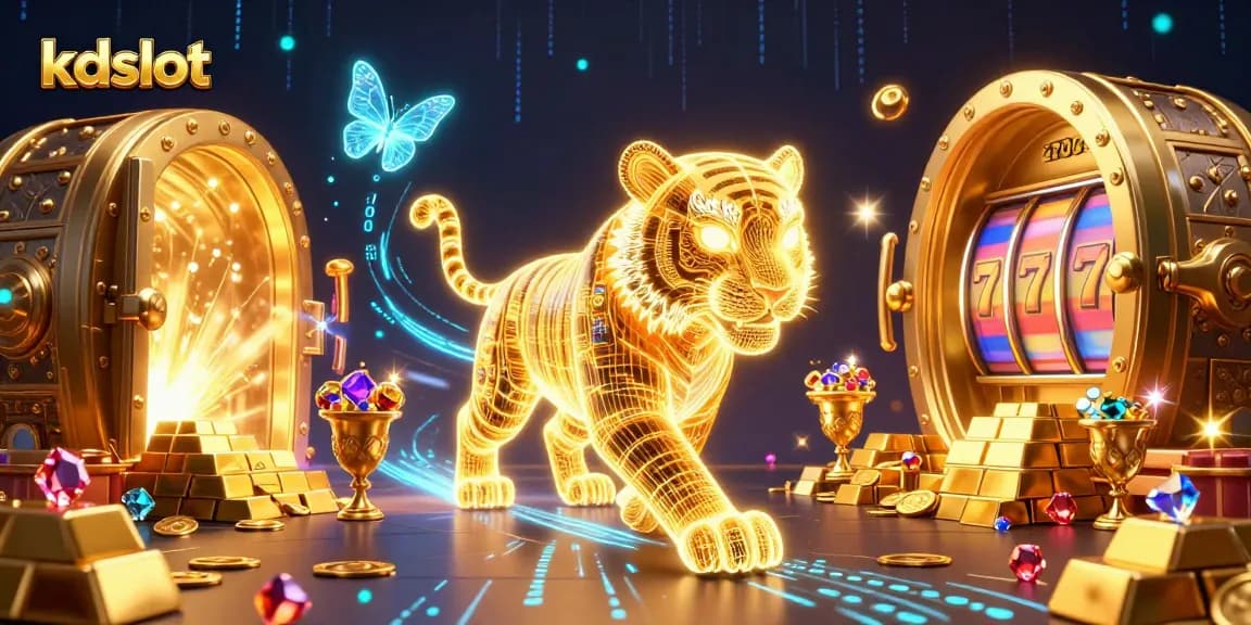 Experience the thrill of kdslot with a vibrant neon casino scene featuring a golden tiger and treasures.