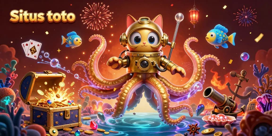 Engage with Situs toto as a colossal kraken and diving cat uncover treasures in an exciting 3D casino scene.