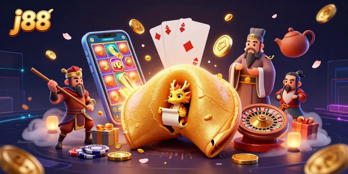 Engage with j88's exciting slot game features showcased in a vibrant 3D casino scene.