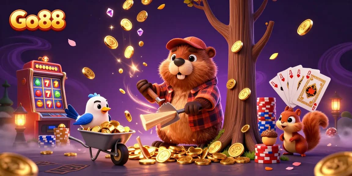 Engage in slots action with Go88, featuring vibrant characters and sparkling casino elements.
