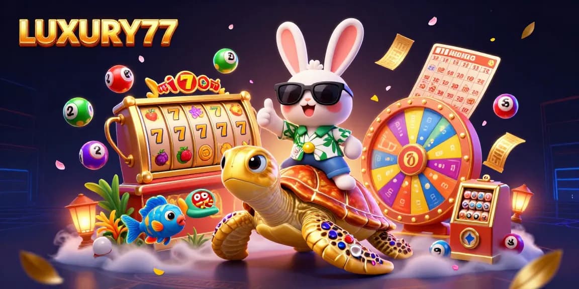 LUXURY77 offers a vibrant casino experience, showcasing a lucky rabbit and golden turtle amid dynamic jackpots and colorful lottery elements.