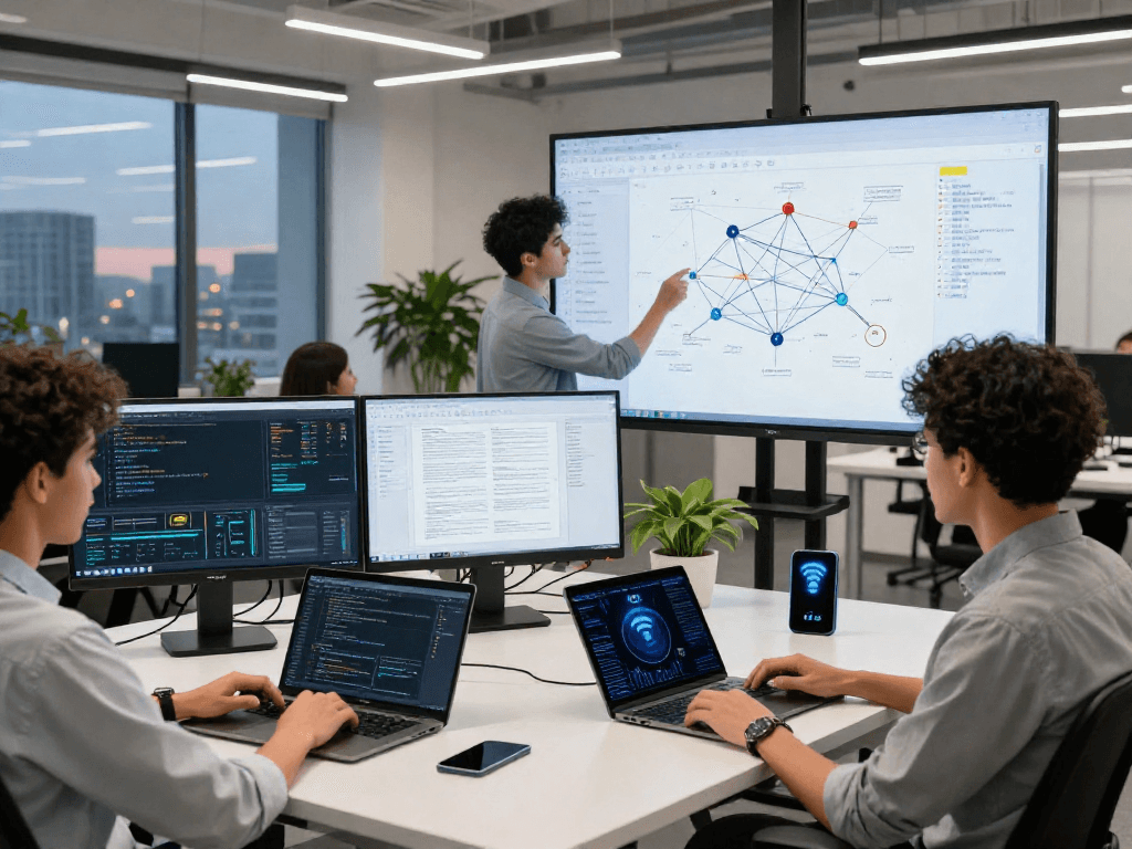 Sesi kolaborasi pengembang tentang wifi4d, menunjukkan diagram jaringan, laptop, dan alat pintar dalam suasana kantor modern.