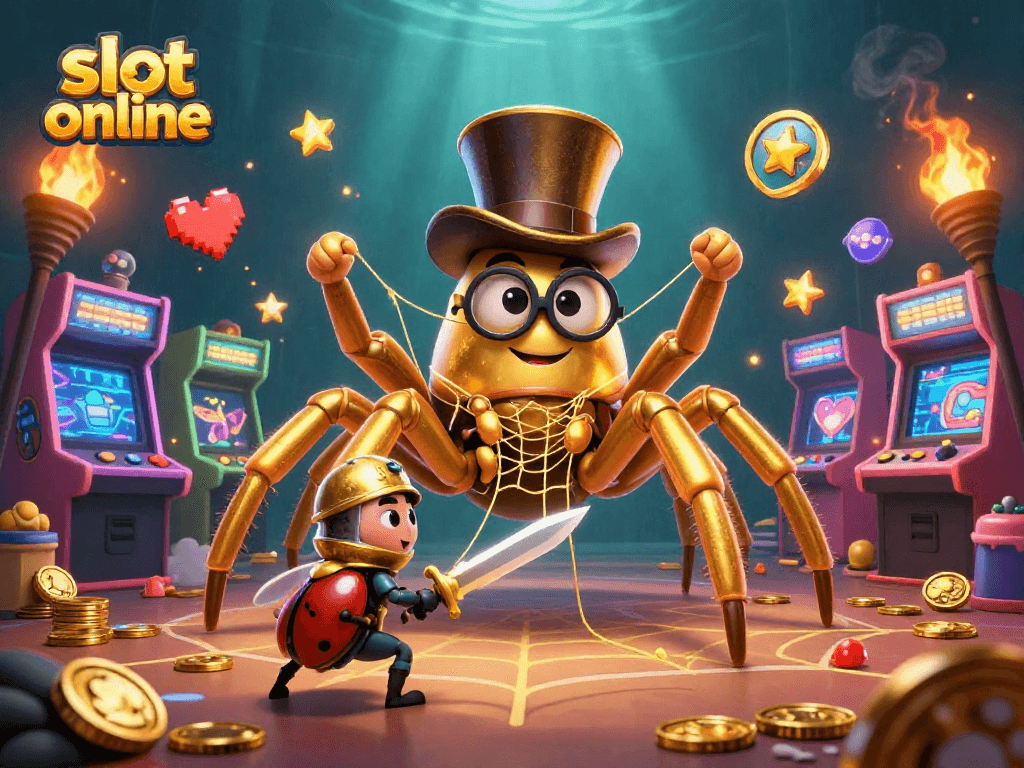 Gambar slot online menampilkan laba-laba emas dengan topi dan ksatria kecil mendekat menggunakan pedang kecil