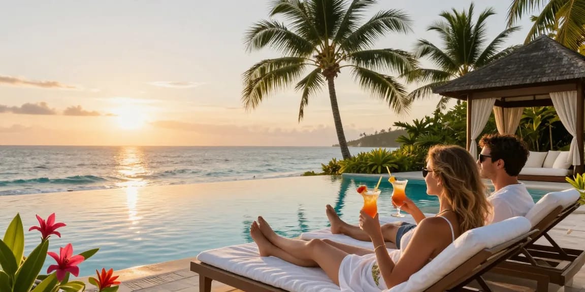 Pengalaman LUXURY111 di resor tropis dengan pasangan menikmati pemandangan laut yang menawan.