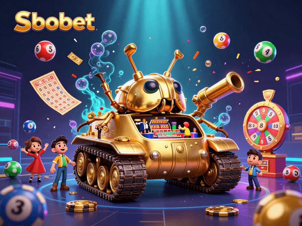 Engaging sbobet-themed illustration with a gold beetle tank casino bursting with excitement and colorful lottery elements.