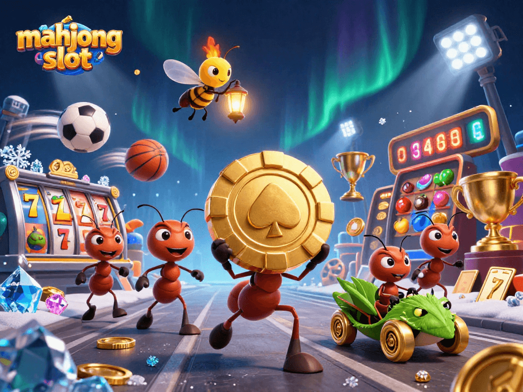 Experience thrilling mahjong slot adventures with a dynamic 3D illustration featuring playful ants on a heist.