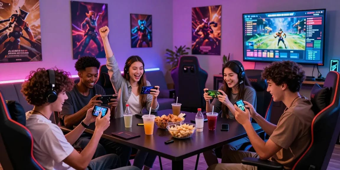 Friends enjoying Alano Dt 5 game, excitement to play now in vibrant gaming lounge.