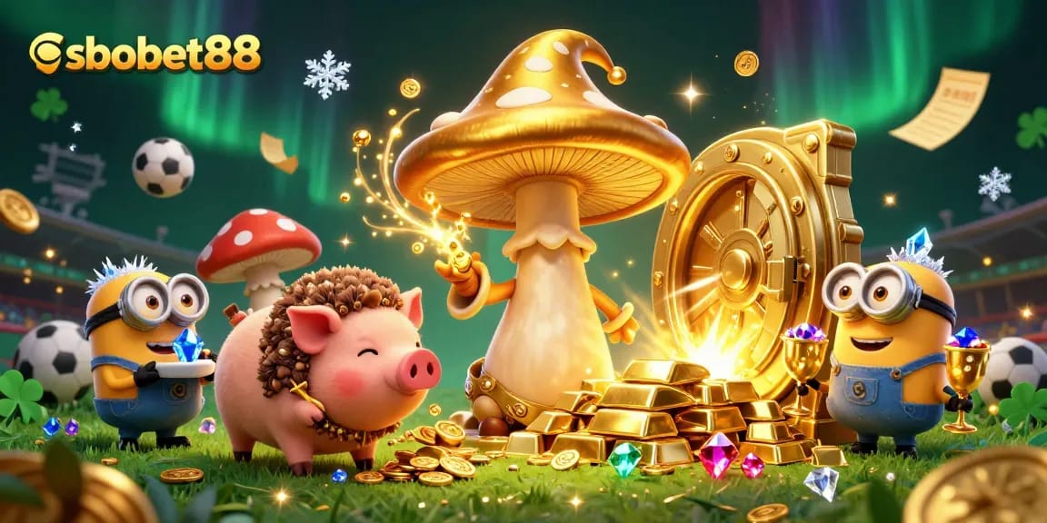 Bet on sbobet88 for exciting sports adventures with gold and treasure in a magical scene.