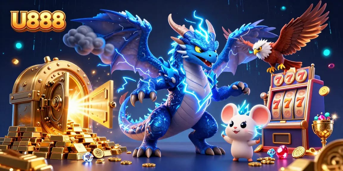 Experience thrilling gameplay at U888 with a dynamic dragon and casino treasure scene.