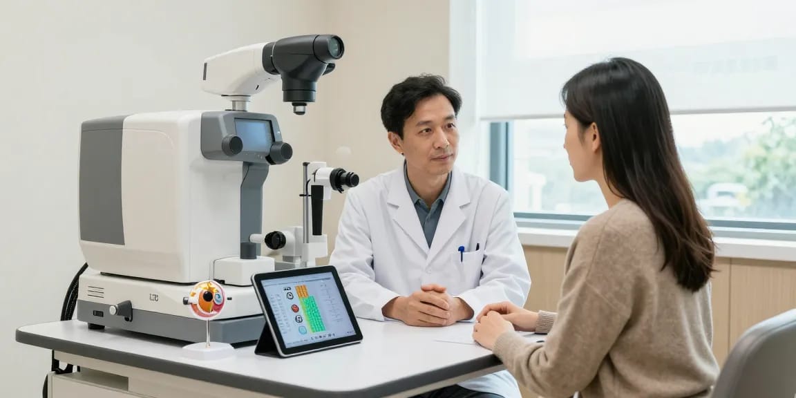 Patient consultation at SNU Eye Clinic for eye care and surgery at https://snuseoulglobal.com, showcasing advanced equipment and personalized care.