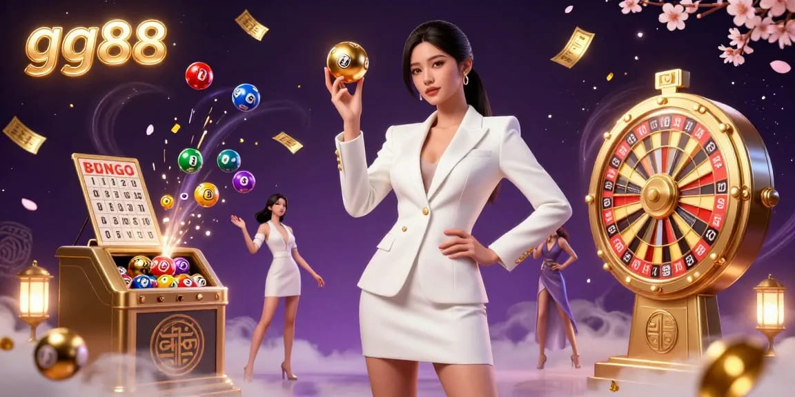 Experience the thrill of gambling with gg88 featuring a gorgeous woman holding a casino roulette ball amidst dazzling gaming elements.