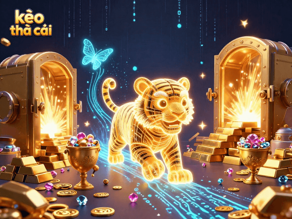 Experience kèo nhà cái in a vibrant digital casino scene with a neon tiger and dazzling treasures.