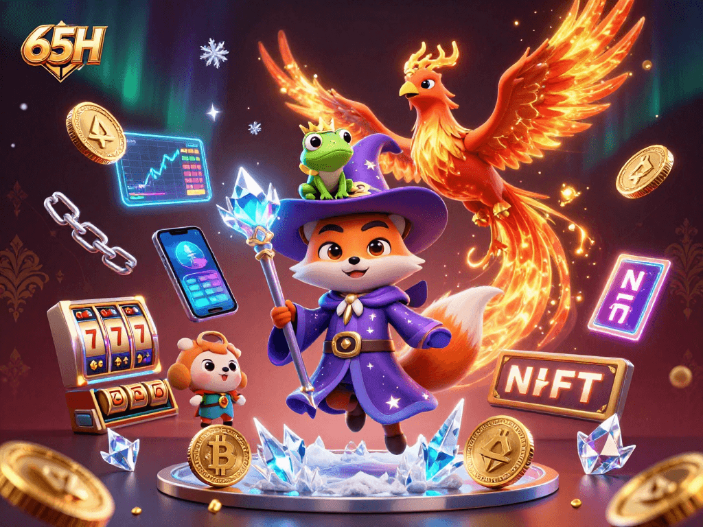 65H oferece uma experiência de cassino emocionante com slots e moedas criptográficas em uma cena mágica.
