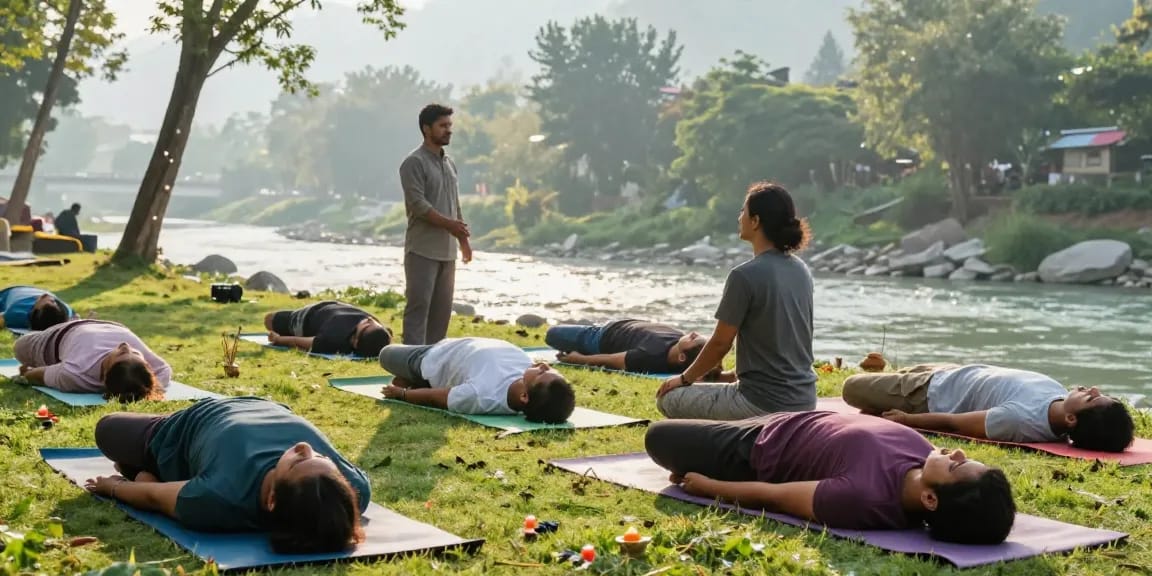 Best yoga teacher training in Rishikesh India, students practicing yoga poses in serene Himalayan surroundings.