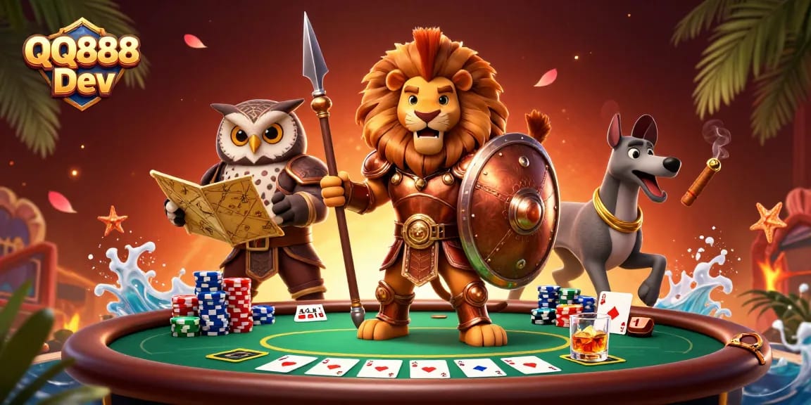 Engage with QQ888 Dev at a dynamic poker scene featuring a Spartan lion, tactical owl, and swift greyhound.