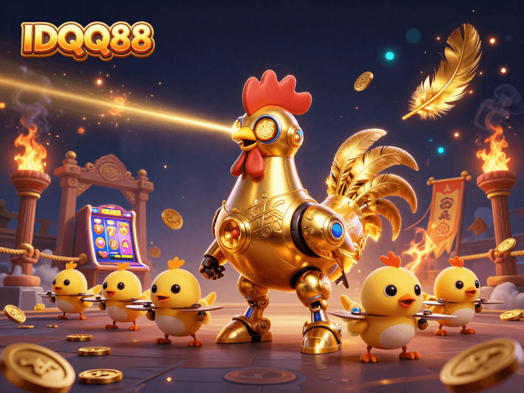 IDQQ88 engages players with a vibrant 3D illustration featuring a golden rooster robot and gameplay elements.