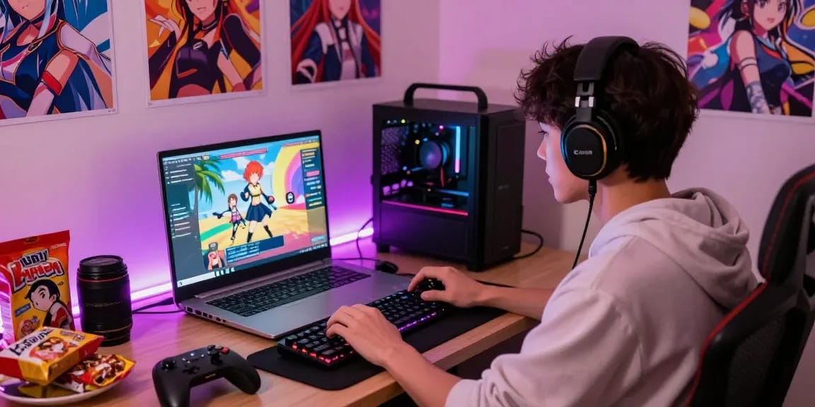 Engaging scene of an anime fan playing a hentai game on a laptop in a vibrant gaming setup.