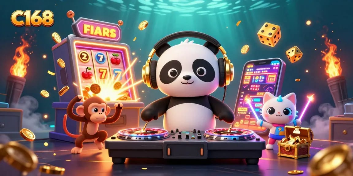 Experience thrilling games at C168 with dynamic DJ panda and monkey, surrounded by vibrant casino elements.