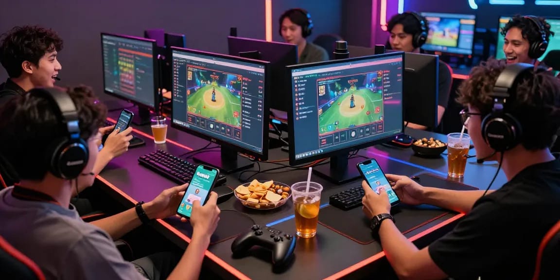 Pengalaman bermain terjun4d yang seru dengan teman-teman di sekitar meja gaming modern.