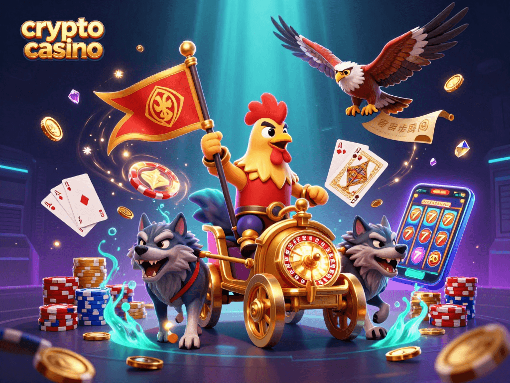 Experience the thrill of a lively crypto casino with a rooster warlord's dynamic chariot and rich game elements.