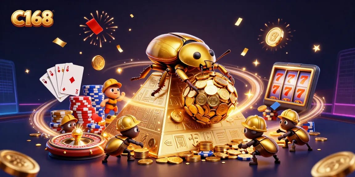 C168 promotes gaming thrills with dynamic golden coins, roulette, and cards flying in action.