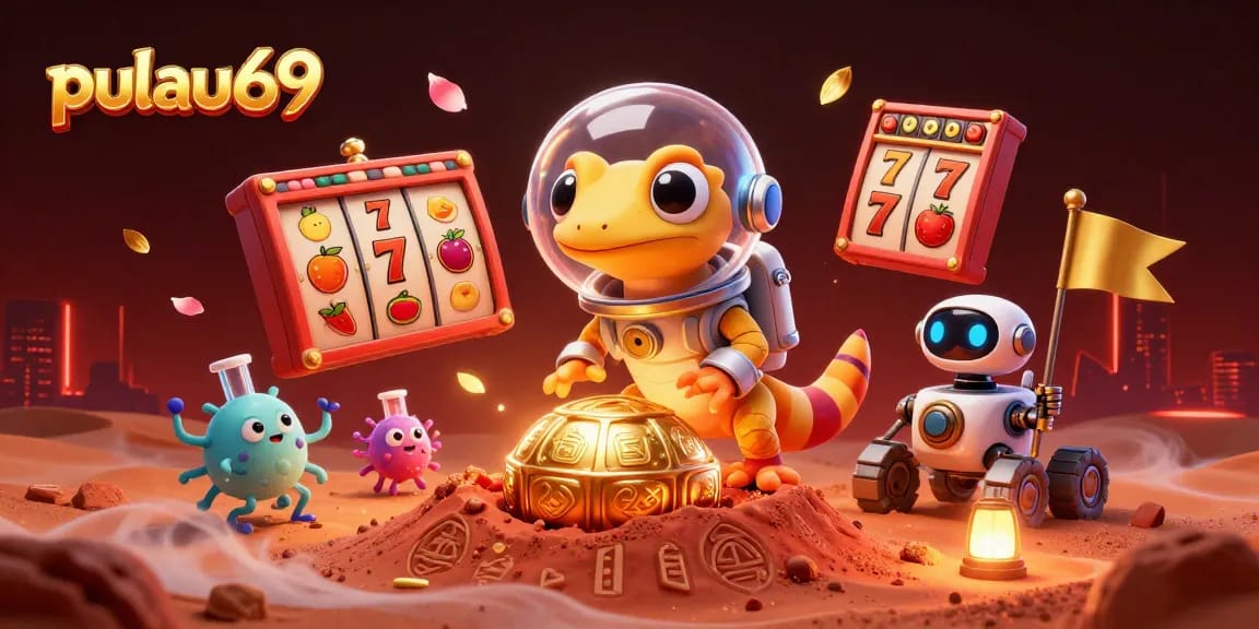 Pulau69 celebrates winning moments with a Martian gecko in a golden casino on Mars.