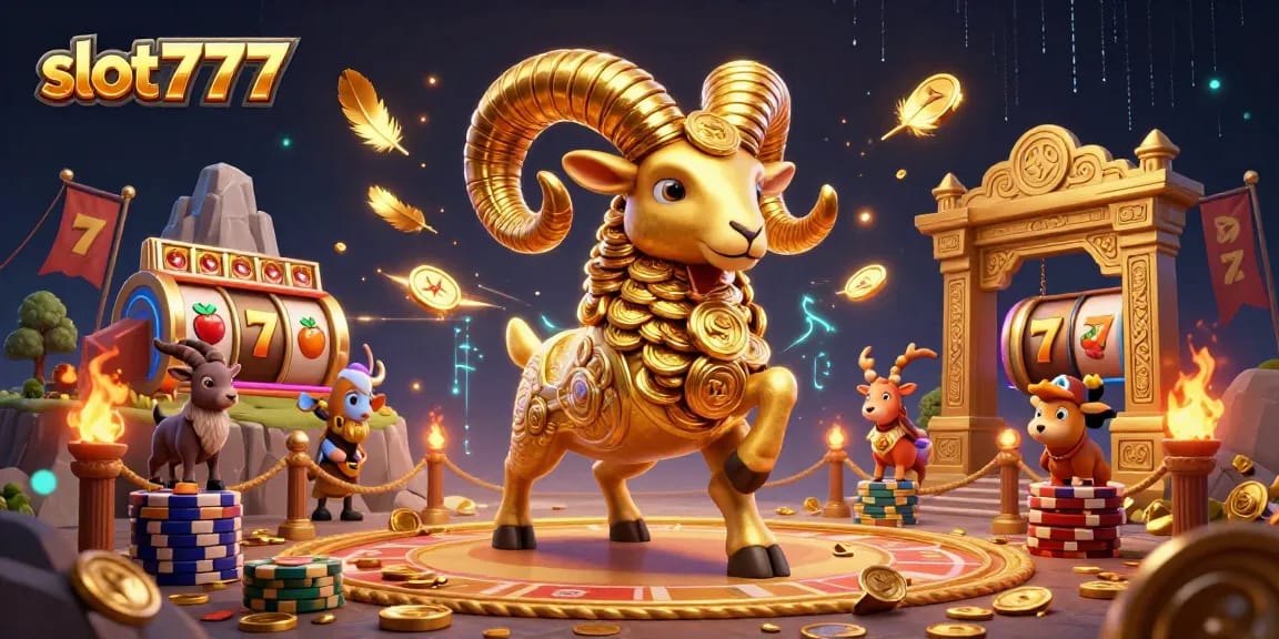 Slot777 menampilkan ilustrasi kerbau emas 3D berwarna cerah di arena pertarungan, menarik perhatian pemain.