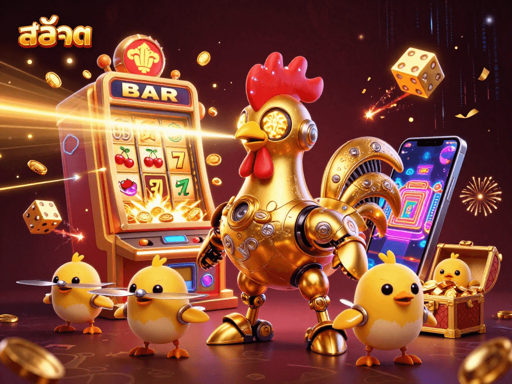 Experience สล็อต excitement with a golden rooster robot blasting jackpots in a vibrant casino scene.
